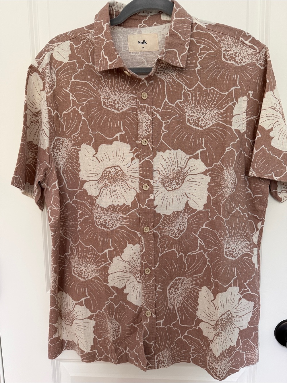Folk Brown Floral Short-Sleeve Button-Down Shirt with Cream Print